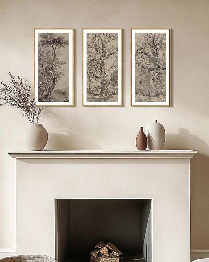 KUVIOKE Large 12x24in Vintage Sketch Trees Drawings Farmhouse Rustic Framed Wall Art for Living Room Bedroom Ready to Hang Natural Framed