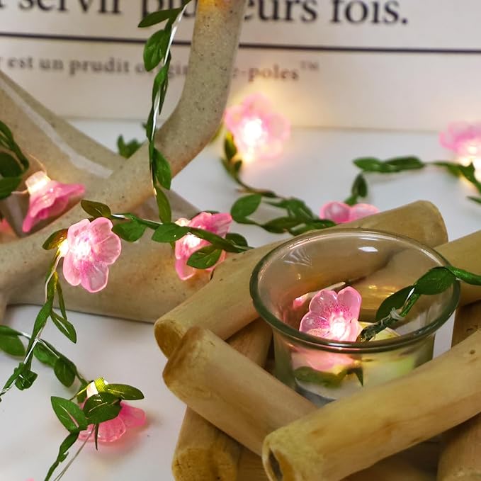 Cherry Blossom Decor Flower String Lights Vines with Fairy Lights Christmas, 30 LED Copper with Remote Control Battery Operated Pink Flower Garland Leaf for Locker, Wall,Christmas Decorations-4 Pack