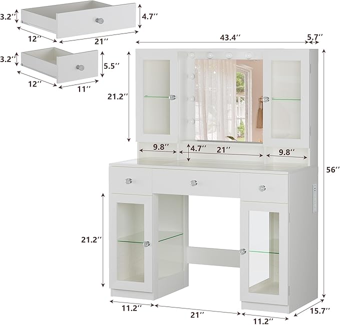 Vanity Desk with Mirror and RGB Lights, 43" Large Makeup Vanity with Glass Top, 4 Large Glass Cabinets, Power Outlet & 3 Drawers, 3 Colors Lighting Adjustable Brightness for Bedroom, White