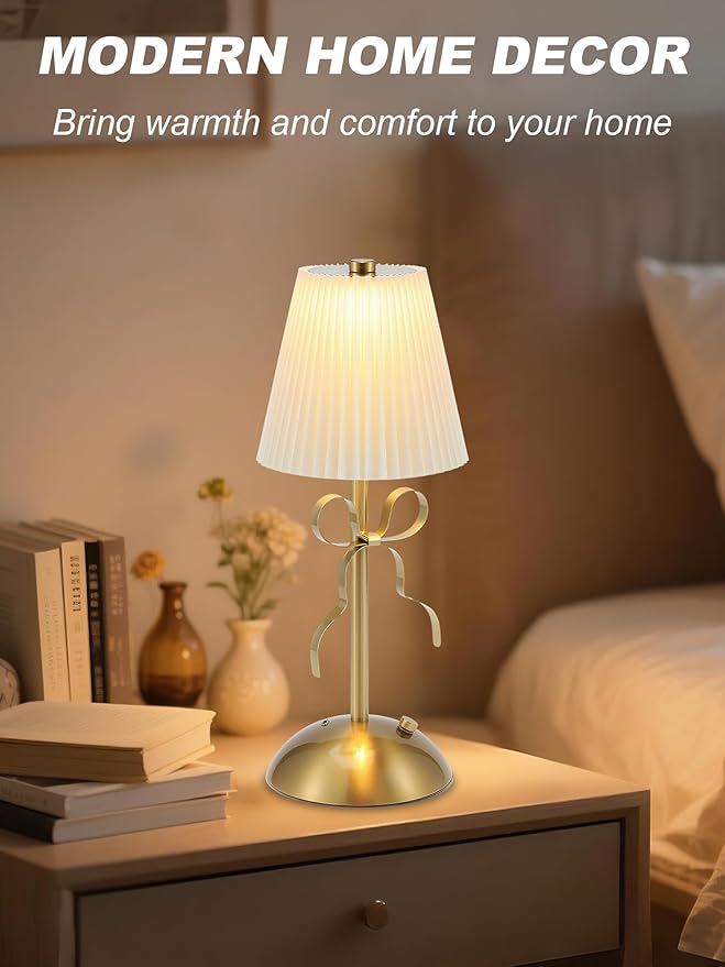 Cordless Table Lamp,Small Desk Lamp with 3 Color,Touch Dimmable Bedsdie Lamps,Bow Lamp with Fabric Shade,LED Night Light for Girls Room Princess Room Decor(Gold)