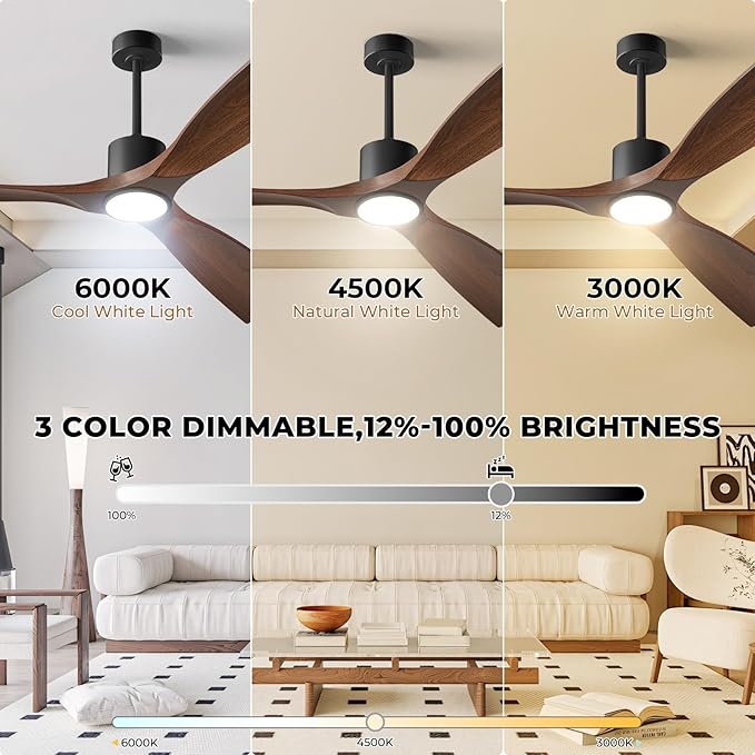 Ceiling Fans with Lights, Ceiling Fans with Lights and Remote, 60 inch Modern Smart Ceiling Fan with Light, Outdoor Ceiling Fans for Patios 3 Blade Bedroom Living Room Porch(Dark Walnut)