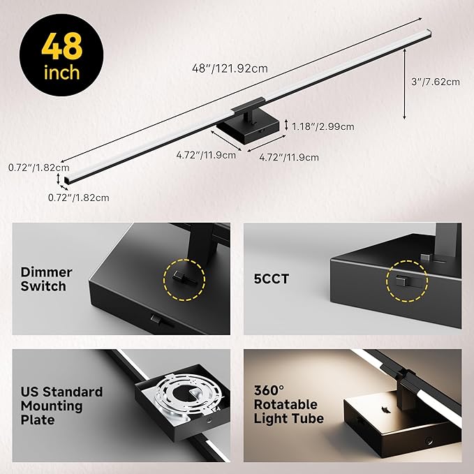 Vanity Lights 48 inch, 4-Level Brightness Built-in Dimmer, 28W Dimmable 5CCT Bathroom Light Fixtures Over Mirror, Black Vanity Lights for Bathroom Mirror Cabinets Bedroom-FCC ETL Certified