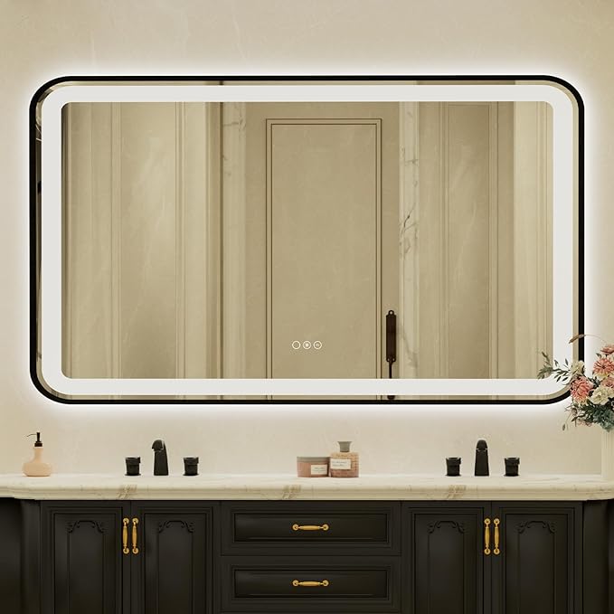 32x55 Inch LED Bathroom Mirror with Black Frame,Front and Backlit Vanity Mirror,Tempered Glass,Stepless Dimmable Wall Mirrors with Anti-Fog, 3 Colors, Memory, Waterproof, LED Smart Bathroom Mirror