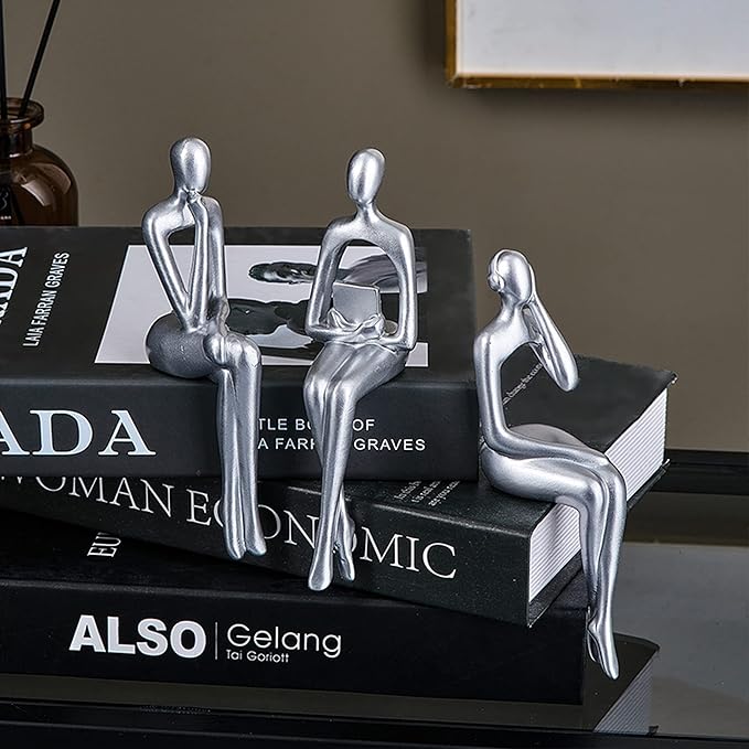 XINXAUN Silver Statue Home Decor - Modern Bookshelf & Desk Decor - 3 Piece Set