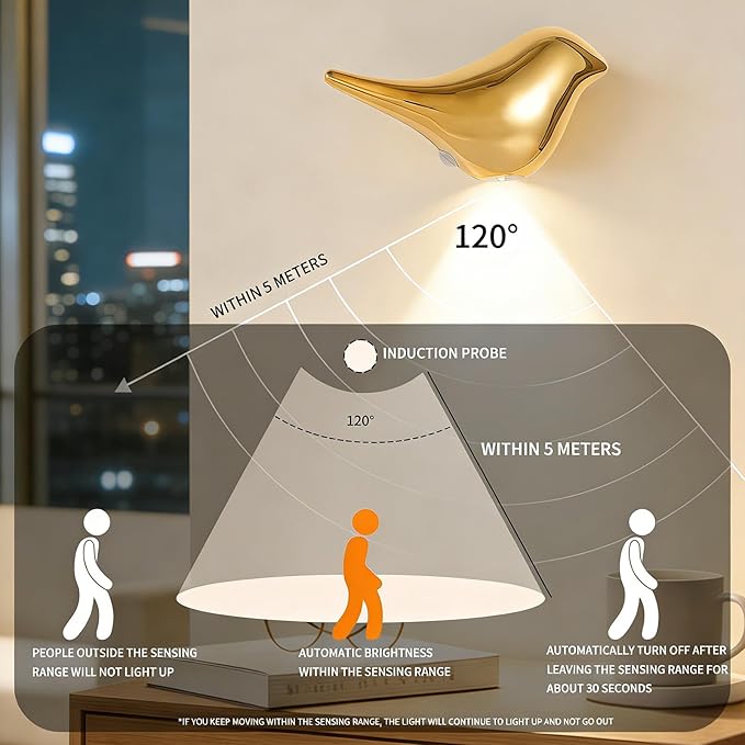 Motion Sensor Wall Light: 1200mAh Rechargeable Wall Sconce Set of 2 Magnetic Stair Lights Indoor Wireless Wall Sconces Night Light for Kids Elderly Bedroom Hallway Home Decor (Gold)
