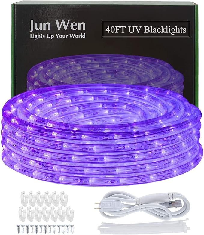 BlackLights LED Rope Strip Lights, 110V Outdoor Black Lights Kit, Waterproof 432LEDs 40FT Flexible Purple Rope Light for Birthday Halloween Stage Fluorescent Dance Party Home Decoration