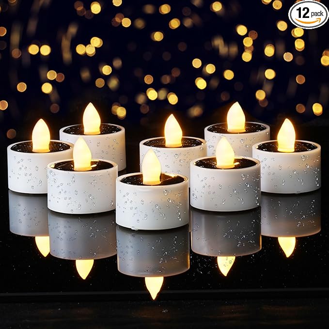 Homemory 12Pcs Solar Tea Lights Outdoor Waterproof, Rechargeable Dusk to Dawn Lighting, Flameless Flickering LED Votive Candles for Fairy Garden Decor, Patio Tables, Christmas Lanterns, Windows