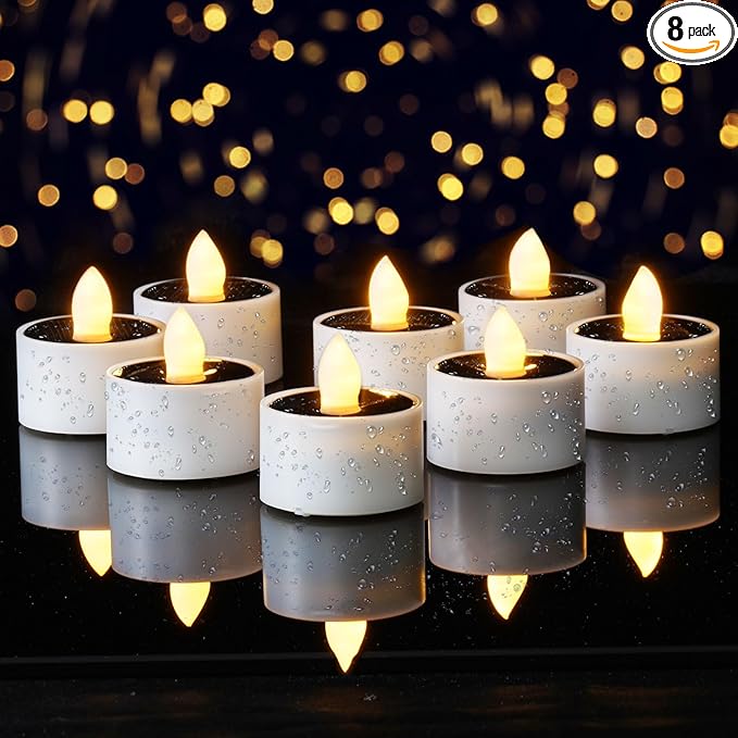 Homemory 8Pcs Solar Tea Lights Outdoor Waterproof, Rechargeable Dusk to Dawn Lighting, Flameless Flickering LED Votive Candles for Fairy Garden Decor, Patio Tables, Christmas Lanterns, Windows