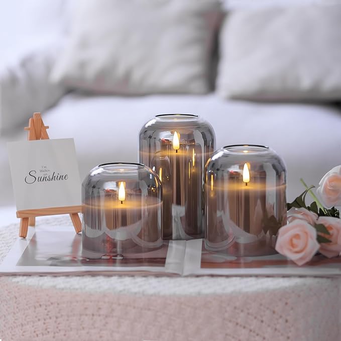Gray Glass Flameless Candles Set of 3 (Φ 4" H 4" 5" 6") with Remote Battery Operated Flickering LED Pillar Candles Real Wax 3D Wick