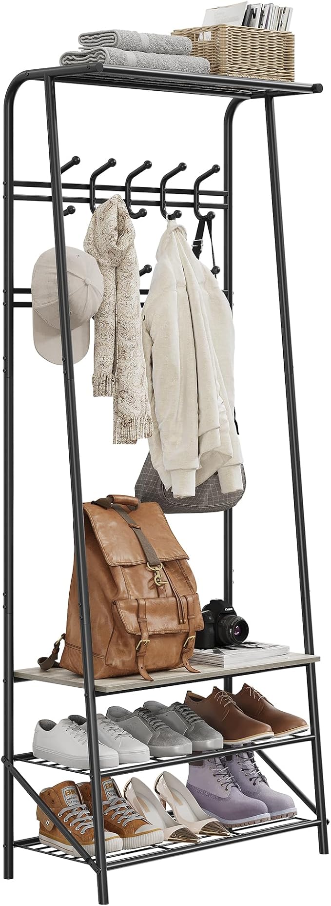 4-in-1 Hall Tree with Shoe Bench & Double Row Hooks (10) – 3-Tier Storage Shelf, Metal Frame, Wood Accent – Entryway Coat Rack for Hallway, Bedroom – Gray, 60cm Wide