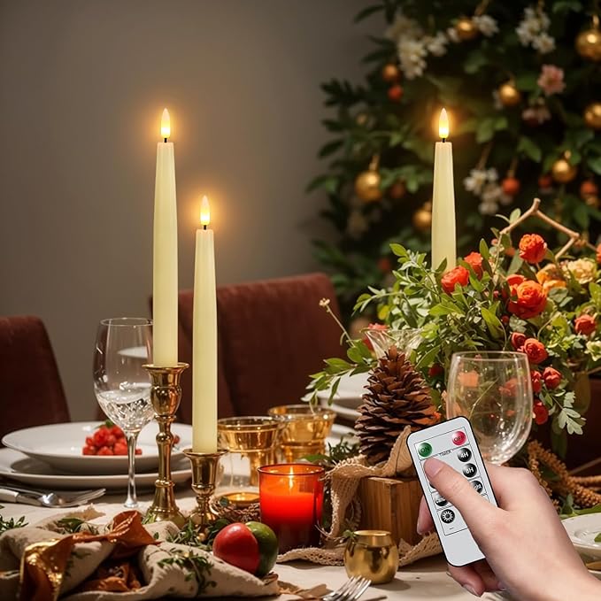 GenSwin Christmas Window Candles with Remote Timer, 3 Pcs Battery Operated Window Candles, Real Wax LED Flameless Taper Candle with Black Flameless Candlesticks for Home Decor(Ivory)