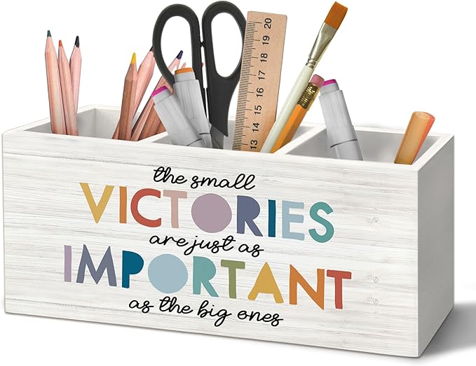 Boho Inspirational Pen Holder Organizer for Desk Accessories, the Small Victories Are Just As Important As the Big Ones Motivational Wooden Box Sign Desk Decorations for Home Office Decor