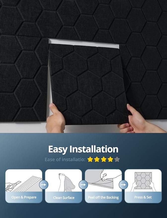 Acoustic Wall Panels Sound Absorbing, Honeycomb Self Adhesive Wall Tiles Panel, 12 Pack Decorative Hexagon Design for Studio, Home Office, Gaming Room, Acoustic Treatment, 12"x12"x0.4", Black