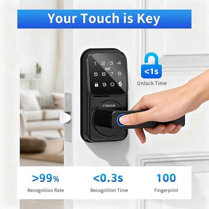 Smart Door Lock with Handle - Keyless Entry Door Lock for Front Door, Touchscreen Keypad Door Knob Lever Lock, Fingerprint Door Handle Lock, Auto Lock, App Control, Easy Installation
