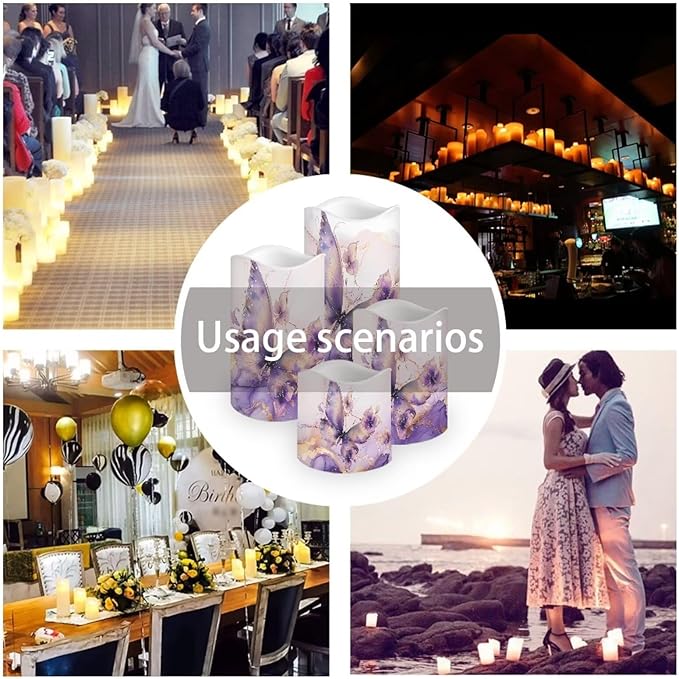 Purple Butterfly Marble Flickering Flameless Candles with Remote LED Pillar Candles Battery Operated with Timer Color Changing Electric Candles Decoration