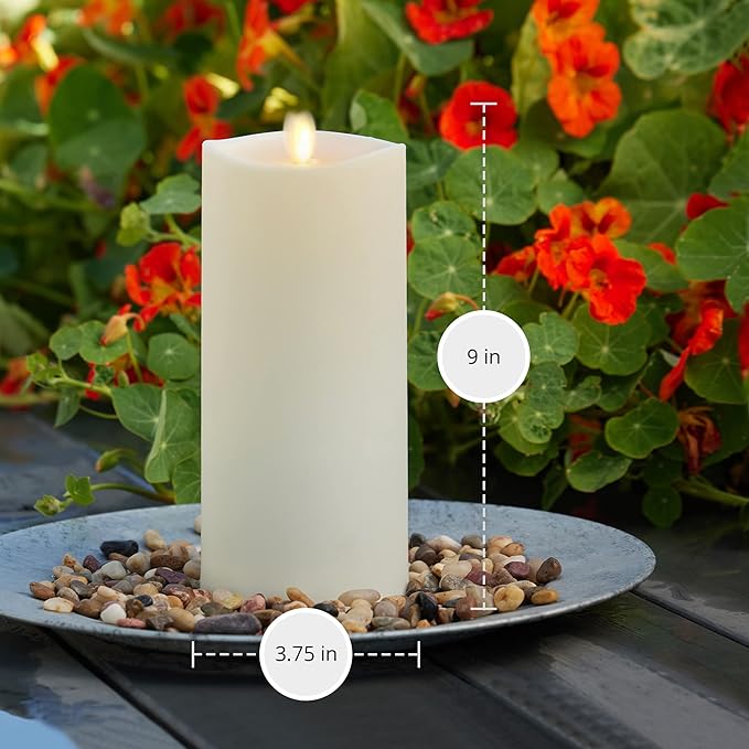 Luminara Outdoor Flameless LED Ivory Candle Melted Edge 3.75" x 9" Real Moving Flame Battery Operated Timer Plastic Weather-Resistant
