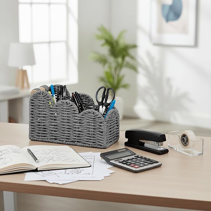CubesLand Bedside Table Desk Organizer Caddy, Remote Pen&Pencil Holder Cup, Makeup Brush Holder w/Scalloped Perfect for Home, Office Desk, Living Room Table Decor, 3 Slots Grey