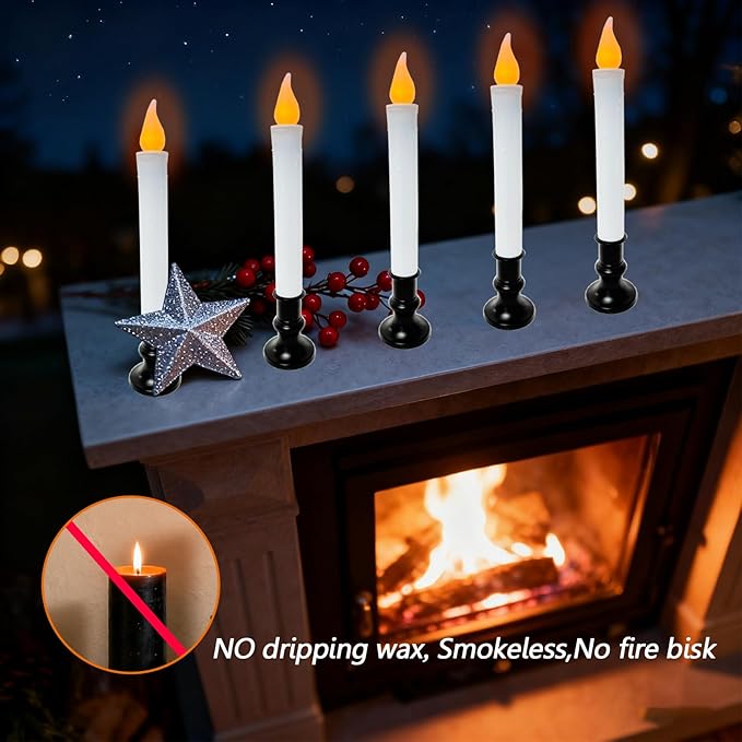 6 Pack 9" Black Base LED Candle Lights with Dusk to Dawn Sensor, Battery Powered Flameless Candles for Indoor Table Party Decor