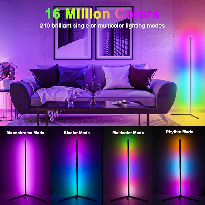 Corner Floor Lamp,Smart RGB LED Lights with 20 Million Colors & 800+ Modes, Music Sync, Timer Setting.Bluetooth App & Remote Control - ldeal for Living Rooms Bedrooms, and Gaming Rooms