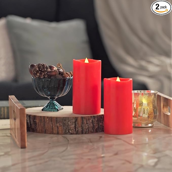 Flameless Candles Last 1300+ Hours Real Wax Flame Effect Auto-Moving 3D Wick, LED Pillar Candles with Timers Battery Operated - Red 6“6”