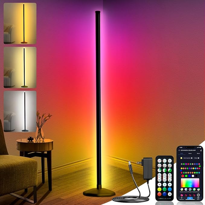 LanSuper Corner Floor Lamp,Smart RGB LED Corner Lamp with Luminous Base,21W 1800LM Bright Floor lamp with APP&Remote,LED Floor Lamps with Music Sync&16 Million Color,Ambient Lighting-Black