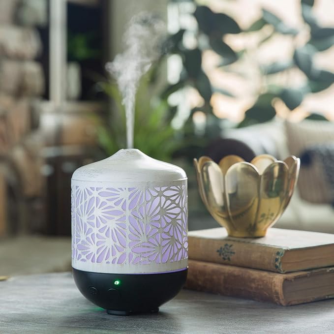 Airome Champagne Palmette Large Cut Metal Essential Oil Diffuser|250 mL Humidifying Ultrasonic Aromatherapy LED Lights, 24 Hours Intermittent & Continual Mist Auto Shut-Off, White/Gold