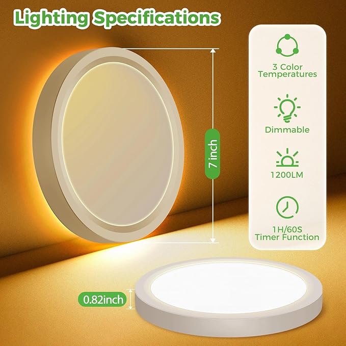 zemty 7 Inch LED Ceiling Light with Night Light 1800K, 3000K/4000K/6500K Dimmable Light Fixtures with Remote Control,12W 1200lm Flush Mount Ceiling Lamp for Bedroom LivingRoom Bathroom Kitchen-White