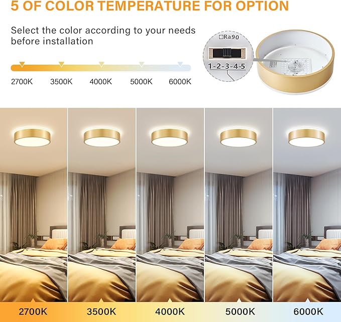 Gold Flush Mount Ceiling Lights, Modern Dimmable 5CCT Close to Lighting Fixture, 2700K-6000K LED Round Ceiling Lamp for Kitchen Hallway Bedroom Laundry Room Entryway Bathroom-11.8in