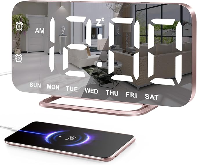 Slim LED Digital Alarm Clock, Mirror Surface for Makeup, with Diming, Large Display, Easy Setting, USB Ports, Modern Decor for Bedroom, Desk, Christmas, Birthday Idea Gift for Women, Sister, Mom, Pink