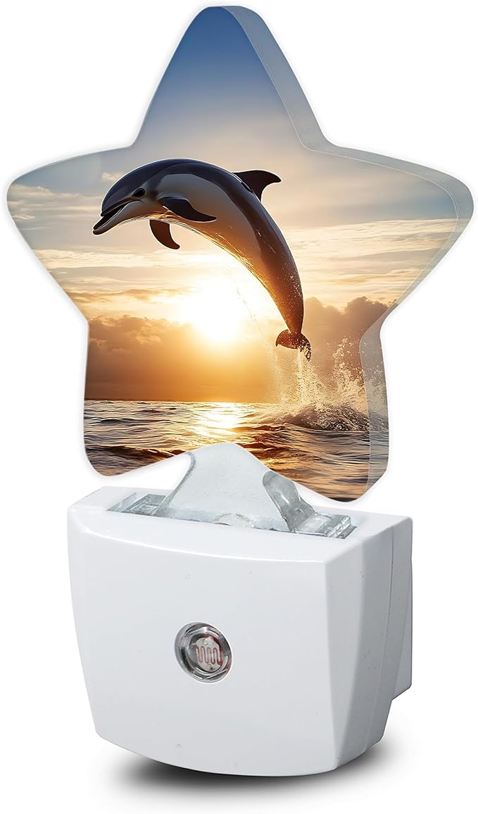 Night Light,Ocean Dolphin Plug into Wall with Dusk to Dawn Light Sensors,Tropical Beach Sunset Warm Star Nightlights for Bedroom,Bathroom,Hallway,Kitchen Home Decor Desk Lamp