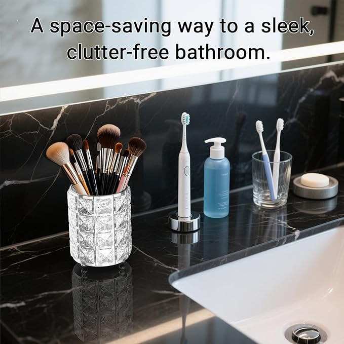 LUGUNU Makeup Brush Holder with Silver Crystal Bling – Elegant Vanity Organizer for Brushes, Pens & Pencils, Ideal for Bathroom or Office Countertop(2Pack)
