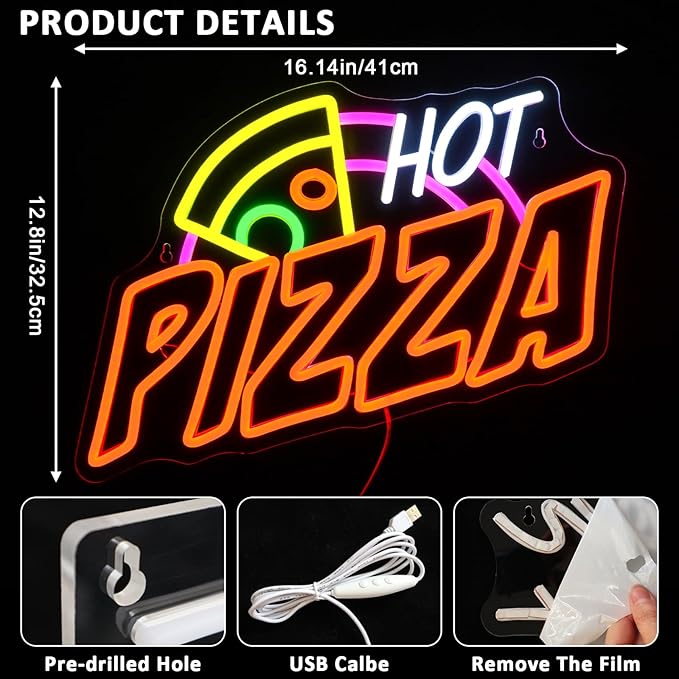Pizza Neon Sign for Wall Decor, Hot Pizza Led Signs for Room, USB Dimmable Food Neon Lights for Pizzeria Kitchen Restaurant Bar Party Shops Hotel Store Business Pub