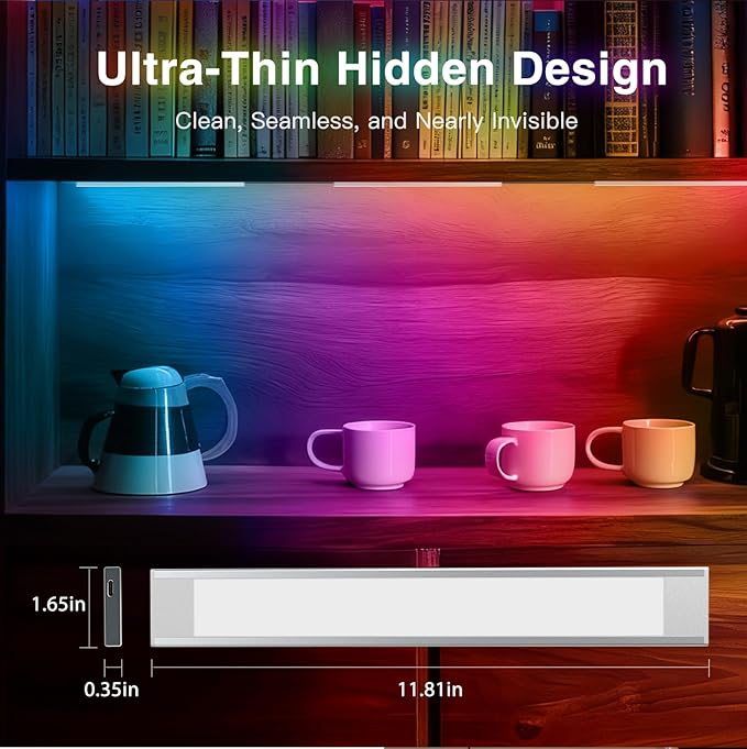 VST 6Pack RGB Under Cabinet Lighting with Adjustable White Light, Ultra-Thin LED Light Bars, APP & Voice Control (Alexa/Google), Remote & Button Control, Linkable Lights for Kitchen Cabinets, Shelves