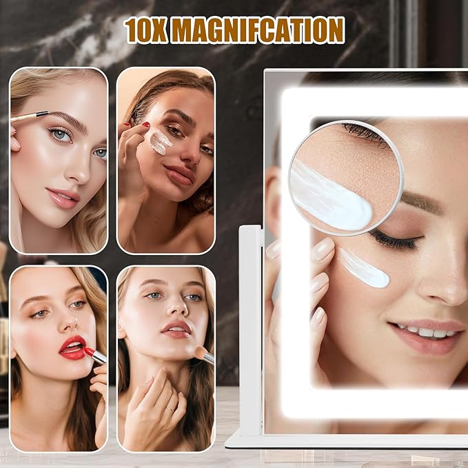 Vanity Mirror with Lights, 16"×12" LED Makeup Mirror, HD Professional Mirror, 10X Magnification, Smart Touch with 3-Color Lighting, Dimmable, 360° Rotation, Lighted Up for Makeup Desk, Bedroom (White)
