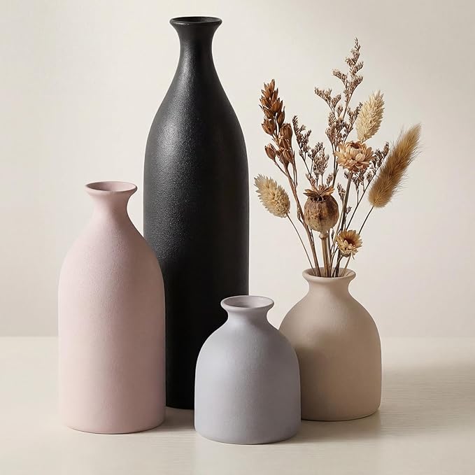 Dandat Brown Ceramic Vase Set of 4, Modern Decorative Ceramic Vases Rustic Pottery Centerpiece Table Decor for Farmhouse Bouquet Pampas Grass Dried Fresh Flowers, Living Room, Kitchen, Bedroom