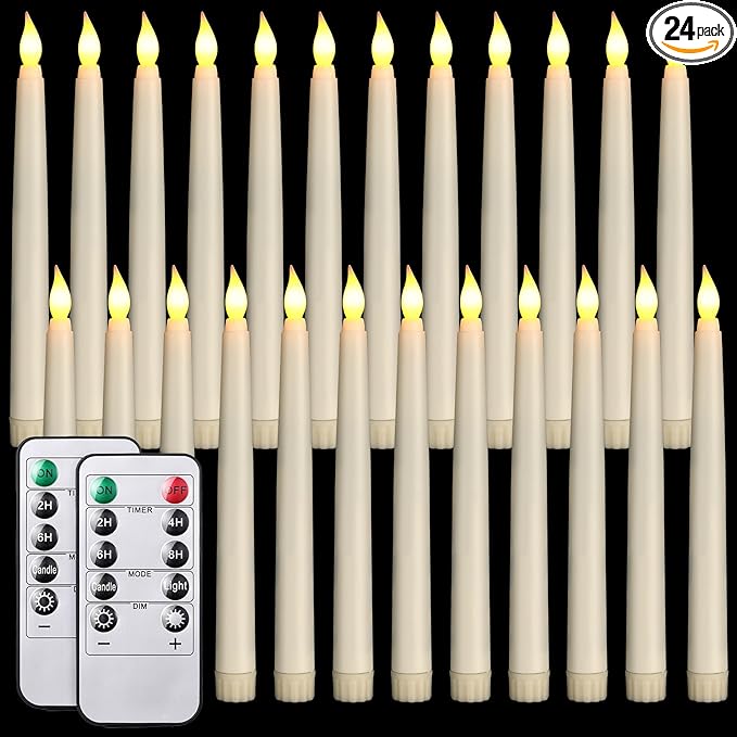 Tuanse 24 Pack 24 Pack Flameless Flicker Taper Candles Bulk with Remote and Timer, Battery Operated LED Warm White Taper Candles Light for Home Wedding Decoration Gifts (Beige,8 Inch)