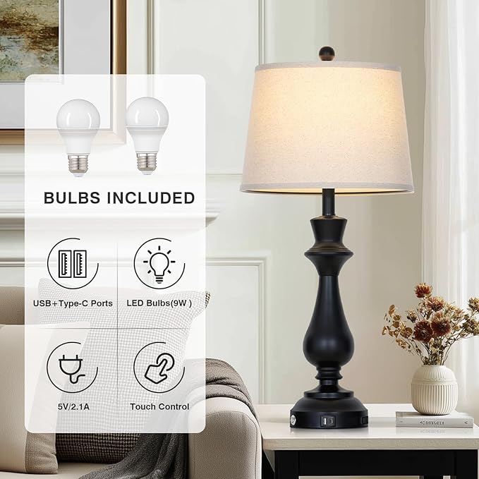 Touch Lamps for Night Stands Set of 2-29.5" Tall Bedside Lamp with USB C+A, 3 Way Dimmable Bedroom Lamps, Black Metal Table Lamps for Living Room
