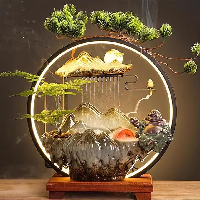 LED Halo Reflux I, Ceramic Zen Ornament with Rain Curtain Flowing Water Waterfall I Sitting, Suitable for Home Office Yoga Meditation Use