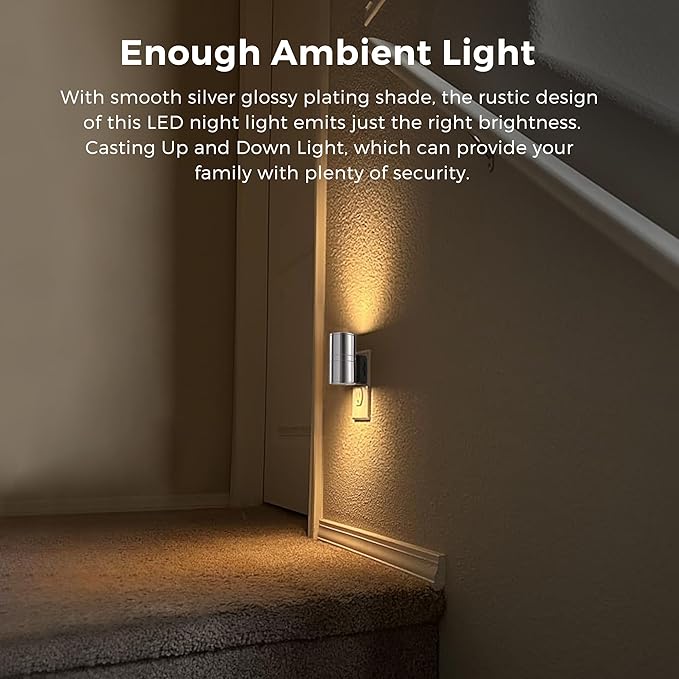 L LOHAS LED Night Light, Night Lights Plug into Wall, Smooth Silver Glossy Plating Metal-Shade Nightlights, Light Sensor, Soft White 3000K, Dimmable Nightlight Plug in for Hallway Bedroom,2 Pack