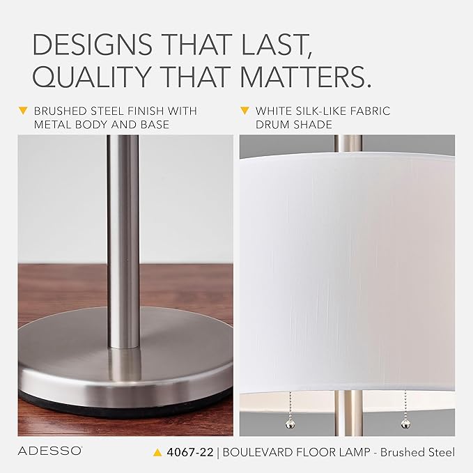 Adesso Floor Lamp with Dual Pull Chains, Brushed Stee; Finish, White Fabric Lampshade – Bedroom, Home Office Lighting, or Living Room Decor, 61” x 18.5”