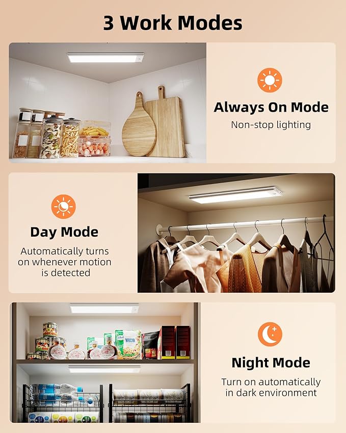 EZVALO 5000mAh Under Cabinet Lighting, 200LM Motion Sensor Light Indoor, Rechargeable Magnetic Under Counter Lights, 3 Inch Wide Panel Dimmable Closet Light for Pantry, Wardrobe, Hallway, Kitchen etc.