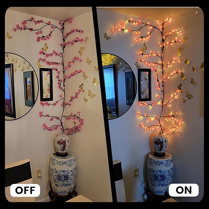 LED Tree Branch Lights for Wall 7.55 FT 144LEDs Cherry Blossom Lights Vine Light with Remote and 8 Lighting Modes Cherry Blossom Garland Willow Vine for Bedroom Indoor Wall Wedding Christmas Decor