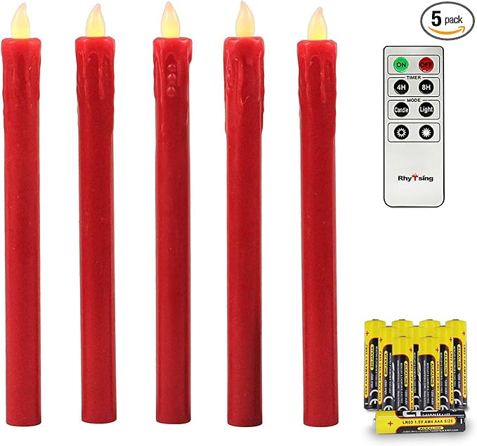 Rhytsing Red 10" Flameless Taper Candles with Timer, Battery Operated Candles, Push-Activated, Wax Drip, Warm White Light, Remote & 10 Batteries Included - Set of 5