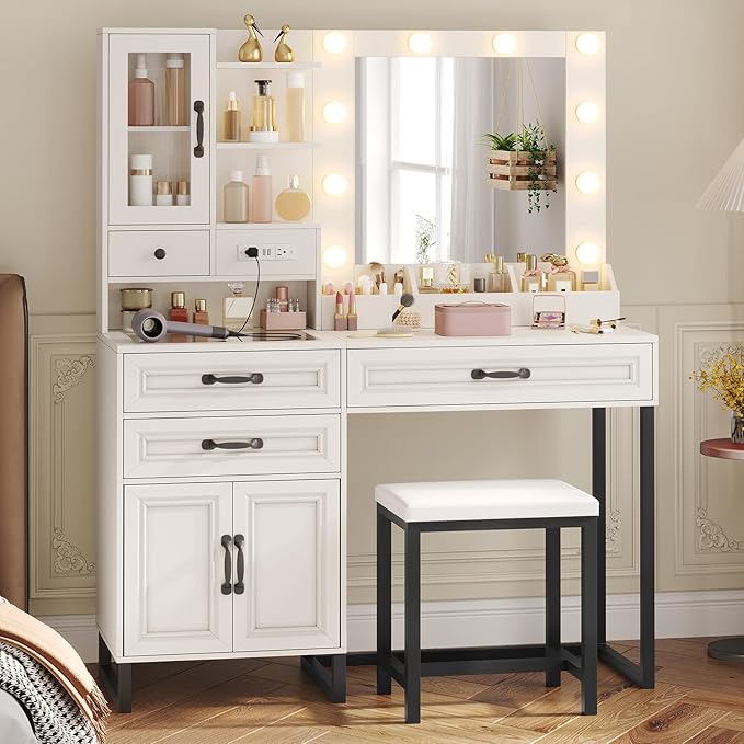 BTHFST Makeup Vanity Desk with Mirror and Lights & Charging Station & Makeup Stool, Vanity Table Set with Glass Top Storage Drawer & Beach & 3 Shelves for Bedroom (Modern White & Black)