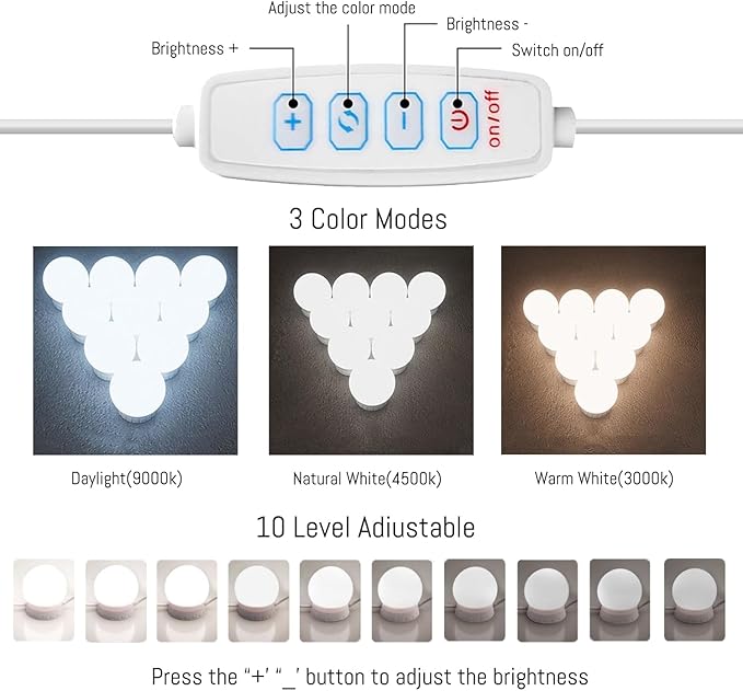 LED Vanity Mirror Lights Hollywood Style USB Fill Light - Adjustable Color Temperature & Brightness, Suitable for Full-Length Mirror, Dressing Room, Dressing Table Set (No Mirror Include) (10 Bulbs)