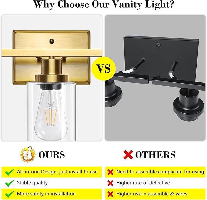 Ascher Bathroom Vanity Light Fixtures, 3 Light Wall Sconces Lighting with Clear Glass Shade, Gold Wall Lights for Mirror, Kitchen, Living Room, Gallery, E26 Base (Bulbs Not Included)