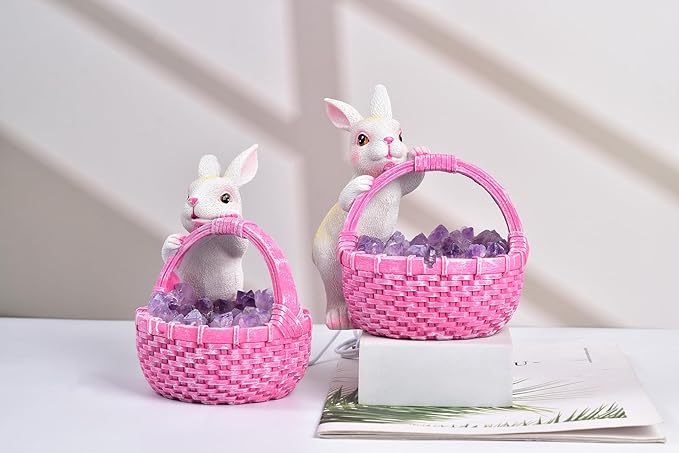 AMOYSTONE Amethyst Rabbit Night Light with Ceramic Sculpture, USB Powered Easter Home Decor Lamp for Bedroom Kids Room Gift