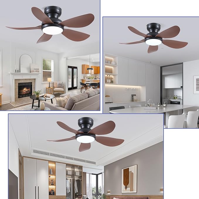 36 Inch Modern Ceiling Fans with Lights, Small Flush Mount Ceiling Fan with Light and Remote/APP Control, 5 Reversible 6 Speeds Curved Blades, 3 CCT Dimmable Lights for Kids Room, Brown