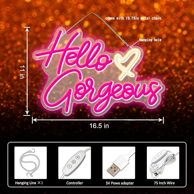 Hello Gorgeous Neon sign Pink LED Neon letters Heart decorative wall lights Girl Room Wedding anniversary Engagement birthday Party decoration with USB power supply (5V,16.5X11inches)