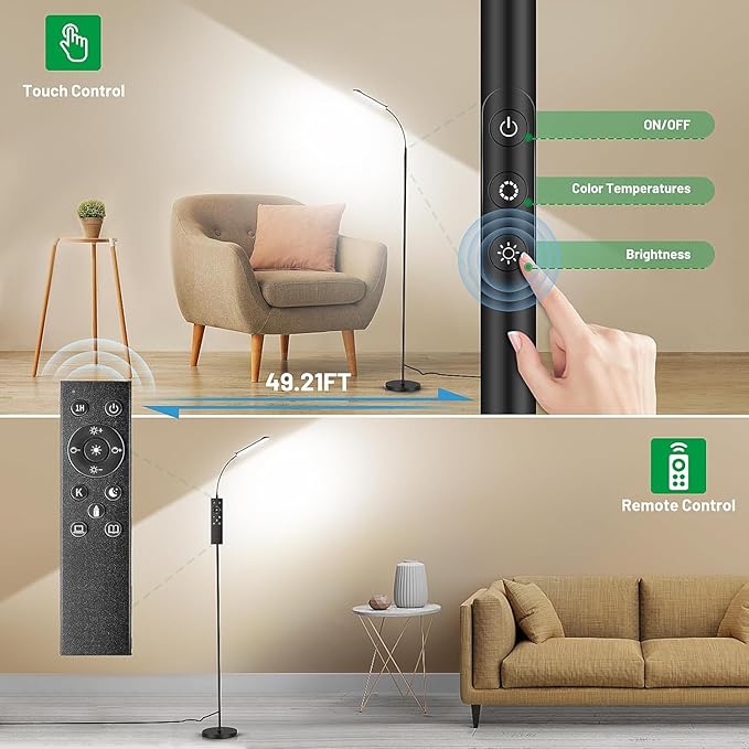 Dimmable LED Floor Lamp, Super Bright Reading Lamps Floor Standing lamp with Remote & Touch Control, Stepless Dimming & 2700K-6500K Color Temperature, for Living Room Bedroom Office, 2 Pack
